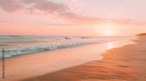 Pink Sunset Over Ocean Beach Landscape With Golden Sand And Gentle Waves