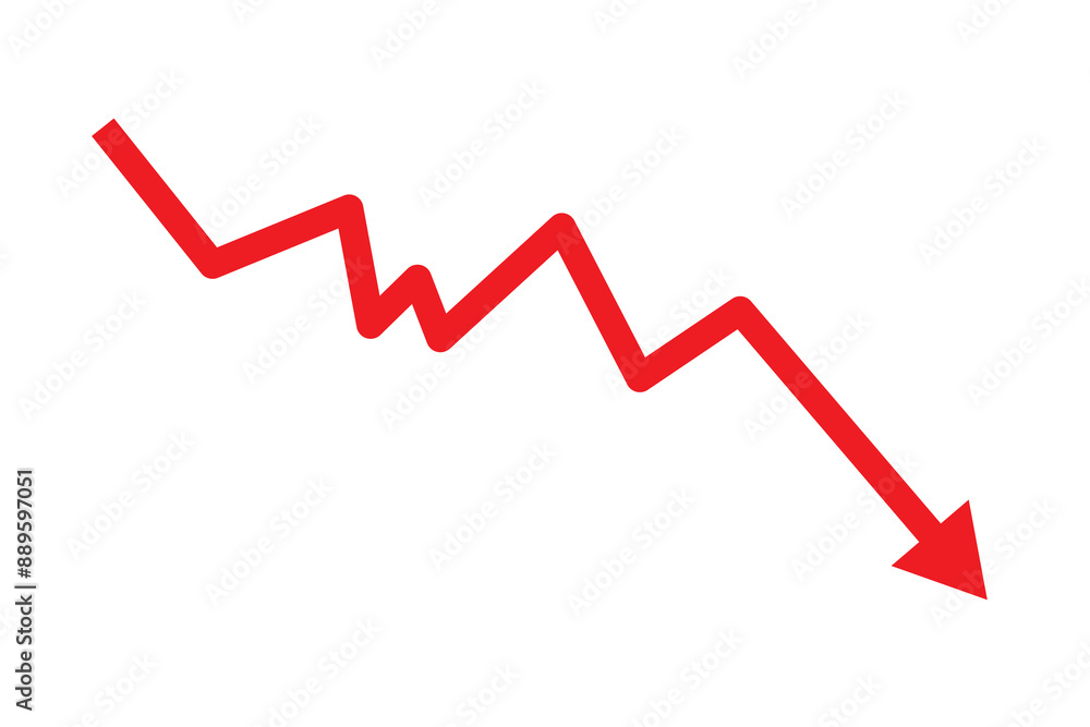 Red downward arrow graph with arrow showing downward trend. Bear market, bearish trend Red downward arrow graph with arrow showing downward trend. Bear market, bearish trend