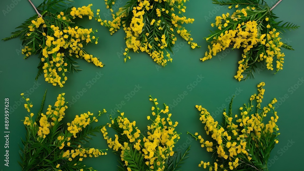 Beautiful floral composition with mimosa flowers on green background flat lay Beautiful floral composition with mimosa flowers on green background flat lay