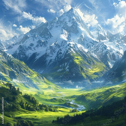 Scenic mountain landscape with snow-covered peaks, lush green valleys, and a bright blue sky with scattered clouds.