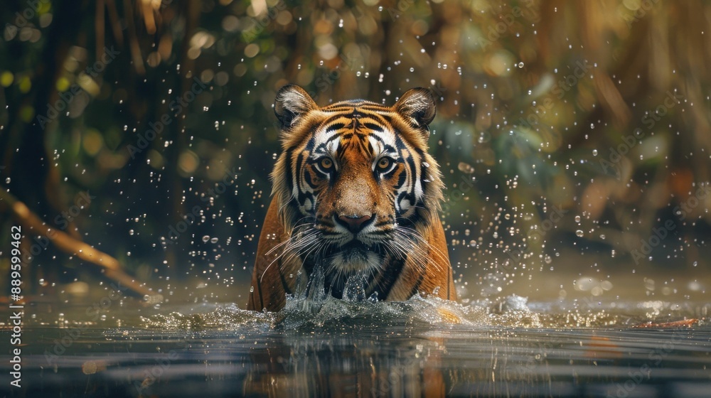 Fototapeta premium A majestic tiger walking through the jungle waters with splashes of nature's beauty and untamed wilderness