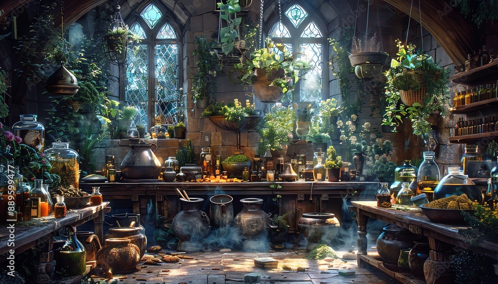 Magical apothecary workshop filled with herbs, potions, and bottles, bathed in enchanting light from large windows. Magical apothecary workshop filled with herbs, potions, and bottles, bathed in enchanting light from large windows.