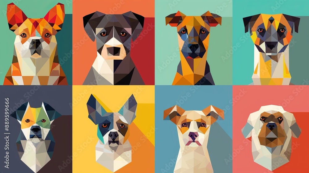 Eight distinct dog faces, each illustrated in a geometric style, set against vibrant colored squares, showcasing the uniqueness of each breed through modern art. Eight distinct dog faces, each illustrated in a geometric style, set against vibrant colored squares, showcasing the uniqueness of each breed through modern art.