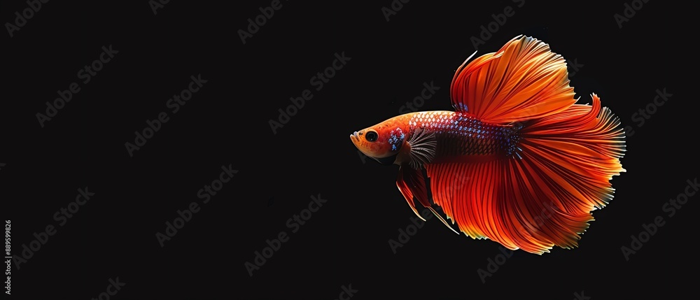 Obraz premium Vibrant red betta fish swims gracefully in dark water, showcasing its elegant fins and brilliant coloration against a black background.