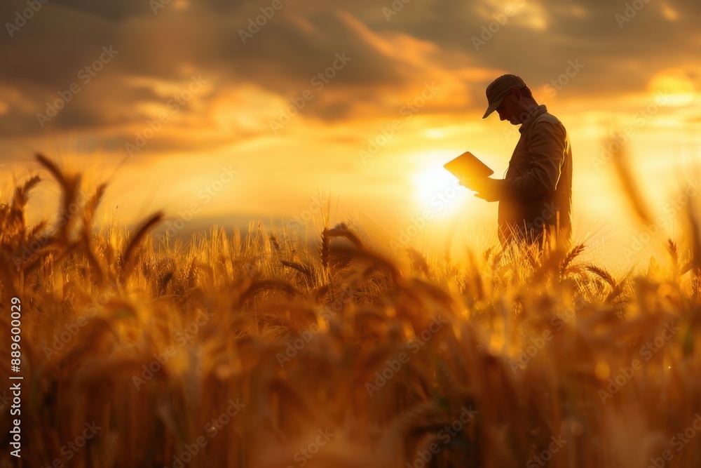 Fototapeta premium A farmer standing on the land examines grains of rice or other crops on his tablet at sunset Generative AI