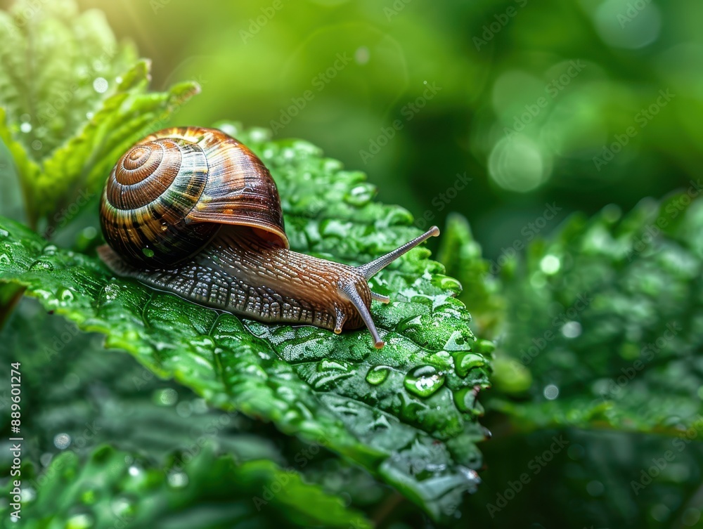 Close-up of a snail on a green leaf with morning dew, showcasing detailed textures and rich colors in a natural outdoor setting. Close-up of a snail on a green leaf with morning dew, showcasing detailed textures and rich colors in a natural outdoor setting.