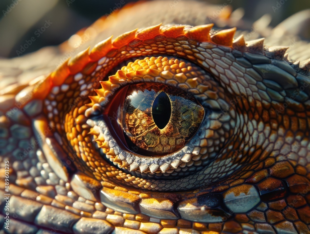 Fototapeta premium Close-up of a reptile's eye showcasing intricate scales and vivid colors, highlighting the natural beauty of its texture and details.