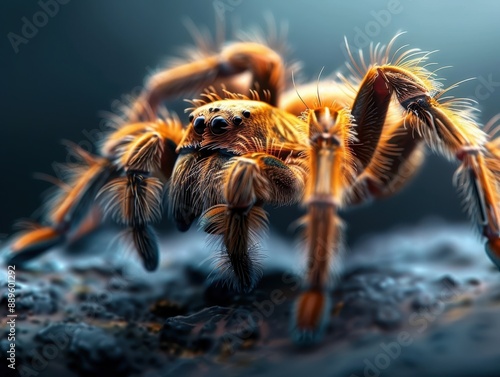 Close-up of a tarantula on a rock. Detailed view of its hairy legs, body, and natural habitat, captured in a sharp, colorful macro photograph.