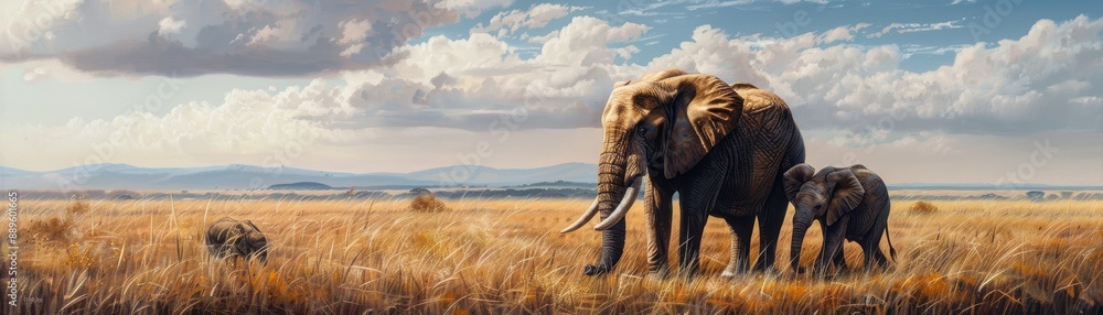 Fototapeta premium Majestic elephants roam the savannah under a vibrant sky, captured in a stunning wildlife panorama. Ideal for nature and travel themes.