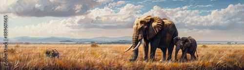 Majestic elephants roam the savannah under a vibrant sky, captured in a stunning wildlife panorama. Ideal for nature and travel themes. photo