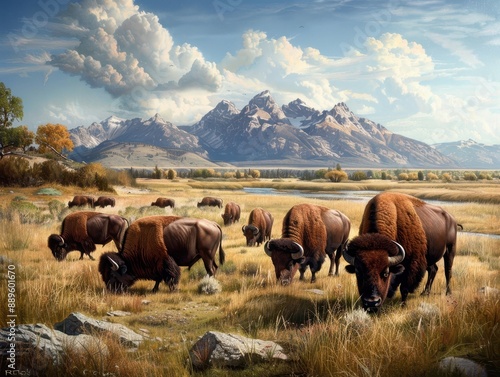 Herd of American bison grazing in a grassy meadow with mountain range and cloudy sky in the background, showcasing stunning natural scenery.