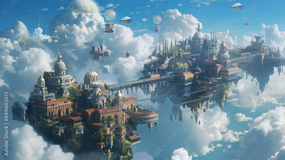 Obraz premium utopia over the blue sky , concept art , fantasy art