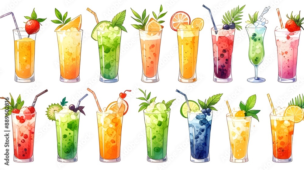 Collection set of different non-alcoholic cocktails, fruit juices, summer soft drinks, watercolor cartoon illustrations, white background. Generative AI. Collection set of different non-alcoholic cocktails, fruit juices, summer soft drinks, watercolor cartoon illustrations, white background. Generative AI.