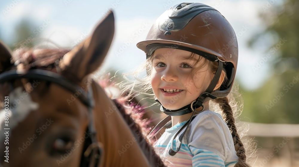 A little girl with a helmet is seen smiling while riding a horse outdoors on a sunny day. The scene is bright and reflects joy, exploration, and the bond with the horse. A little girl with a helmet is seen smiling while riding a horse outdoors on a sunny day. The scene is bright and reflects joy, exploration, and the bond with the horse.