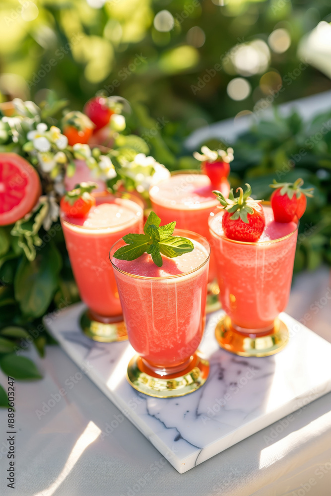 Red cocktails with mint and strawberry on an outdoor table Red cocktails with mint and strawberry on an outdoor table