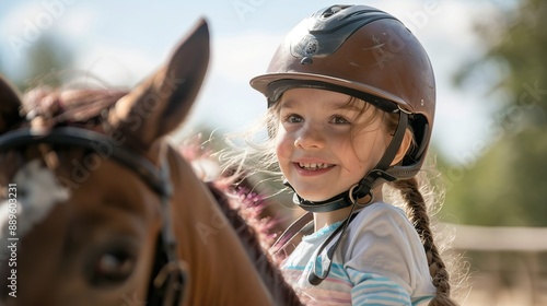 A little girl with a helmet is seen smiling while riding a horse outdoors on a sunny day. The scene is bright and reflects joy, exploration, and the bond with the horse.