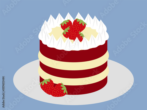 Strawberry red velvet cake with creamy filling. On top of it strawberries and icing.
