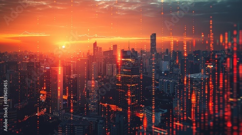 Futuristic cityscape at sunset with digital data overlay, representing urban technology and innovation concepts in a modern metropolis.