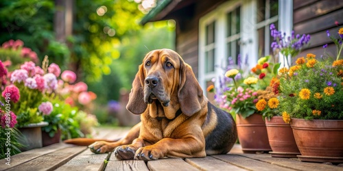 Bloodhound Posing on Wooden Deck, Flowers in Pots, Brown and Black Dog, Summer Garden, Dog, Bloodhound, Portrait