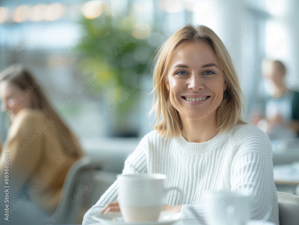 Smiling woman enjoying coffee indoors at a cafe, wearing a white sweater, with a blurred background of other people and plants. Smiling woman enjoying coffee indoors at a cafe, wearing a white sweater, with a blurred background of other people and plants.