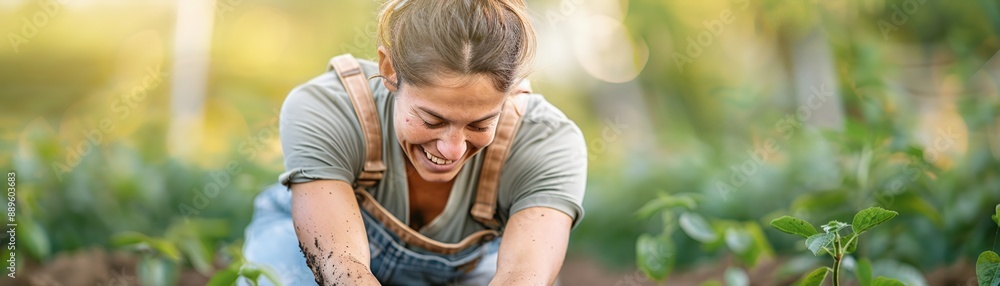 Smiling woman in overalls gardening, bending over to tend to green plants in a lush garden on a sunny day. Smiling woman in overalls gardening, bending over to tend to green plants in a lush garden on a sunny day.