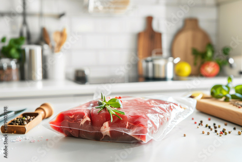 Fototapeta Naklejka Na Ścianę i Meble -  Fresh raw meat in vacuum sealed bag with herbs on modern kitchen counter. Food preservation, meal prepping, sous-vide cooking, freshness preservation, kitchen organization concept.
