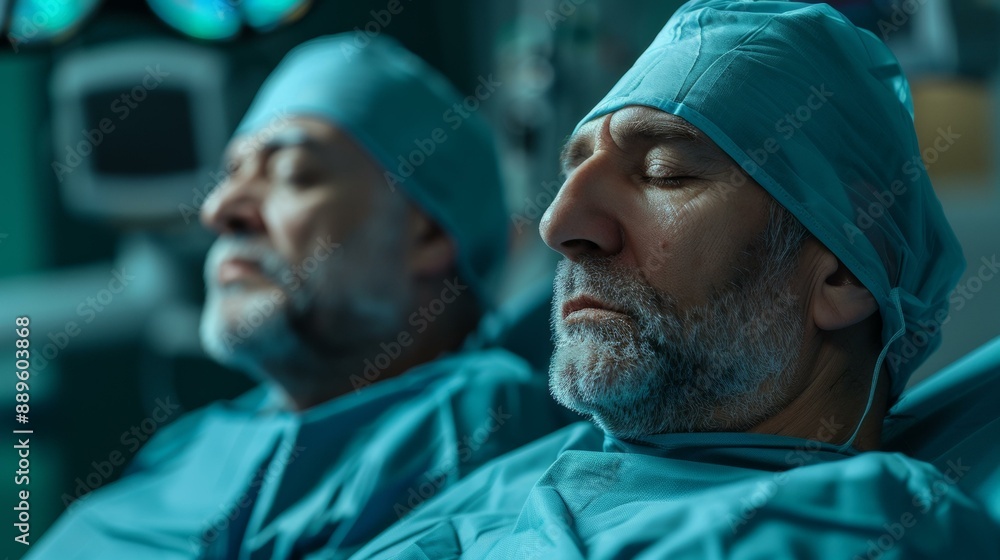 Exhausted surgeons resting after intense surgery, two mature Hispanic and Indian men in blue scrubs and head caps, hospital environment. Exhausted surgeons resting after intense surgery, two mature Hispanic and Indian men in blue scrubs and head caps, hospital environment.
