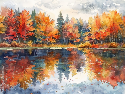 A peaceful lake surrounded by colorful autumn trees, their reflections shimmering in the water, painted in watercolor.