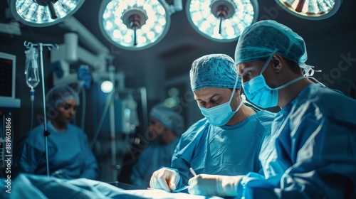 Focused team of diverse surgeons in blue scrubs and masks working intently in bright operating room with advanced equipment during intricate surgery operation.