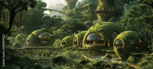 Futuristic eco-friendly city nestled in lush green forest, featuring dome-shaped homes and elevated walkways, promoting pollution-free living without harming nature.