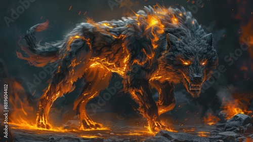 A ferocious cerberus with lava like fur and glowing yellow eyes, guarding the gates