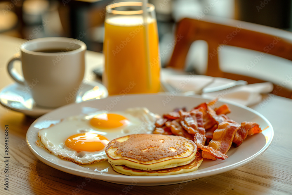 Delicious breakfast plate with pancakes, eggs, bacon, coffee and orange juice. Generative AI. Delicious breakfast plate with pancakes, eggs, bacon, coffee and orange juice. Generative AI.