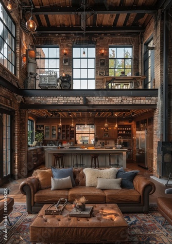 Industrial Loft Space An open loft with exposed brick walls, large windows, and metal accents. Include a leather sofa, a reclaimed wood coffee table, and vintage light fixtures.