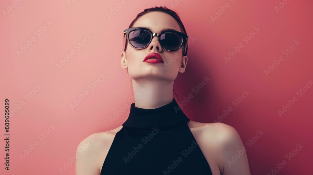 A minimalist portrait of a woman in oversized sunglasses, a black dress, and a muted pink background A minimalist portrait of a woman in oversized sunglasses, a black dress, and a muted pink background
