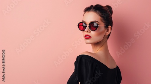 Wallpaper Mural A minimalist portrait of a woman in oversized sunglasses, a black dress, and a muted pink background Torontodigital.ca