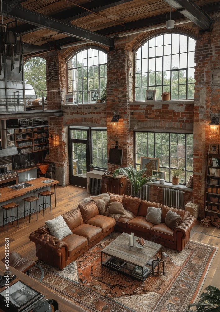 Industrial Loft Space An open loft with exposed brick walls, large windows, and metal accents. Include a leather sofa, a reclaimed wood coffee table, and vintage light fixtures. Industrial Loft Space An open loft with exposed brick walls, large windows, and metal accents. Include a leather sofa, a reclaimed wood coffee table, and vintage light fixtures.