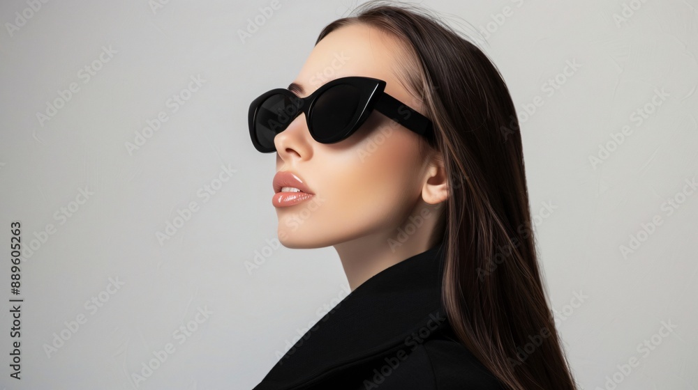 A minimalist portrait of a woman wearing sleek black sunglasses against a plain white background A minimalist portrait of a woman wearing sleek black sunglasses against a plain white background