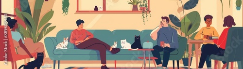 Group of friends celebrating cat adoption, cartoon style, bold colors, vector illustration, background of a lively home, playful and fun mood