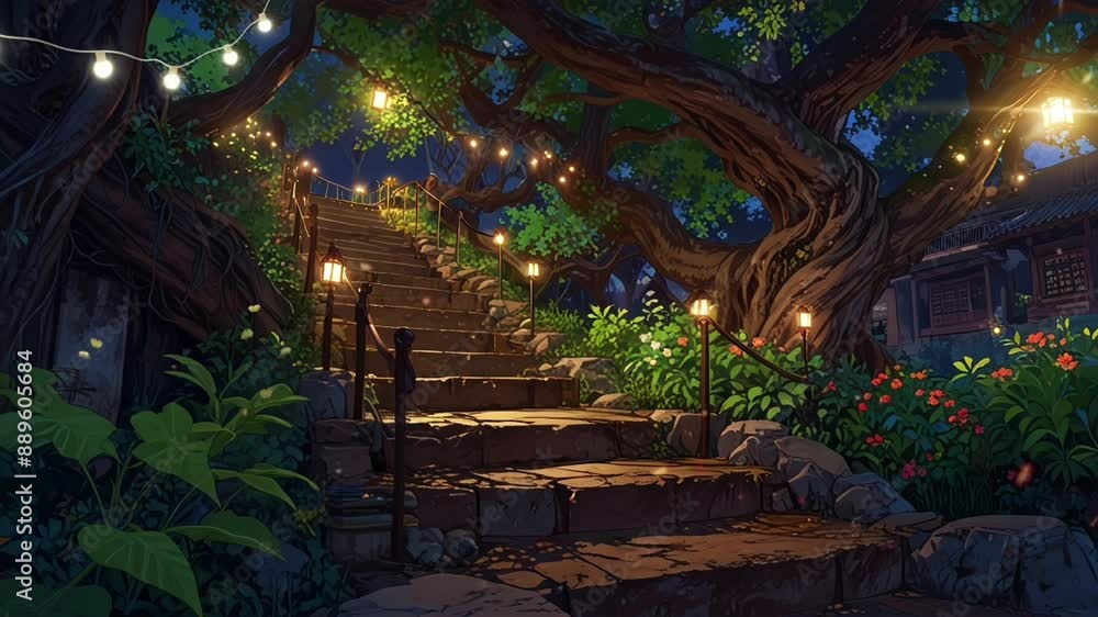 stairs under the tree, night lanterns, cartoon or anime digital painting illustration style. Seamless looping 4k video animation stairs under the tree, night lanterns, cartoon or anime digital painting illustration style. Seamless looping 4k video animation
