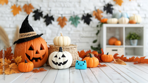 a Halloween party interior background, decorated with a Jack-o-lantern, black halloween witch hat, pumpkins with garland with black flags on a white wall, a playful and whimsical feel 