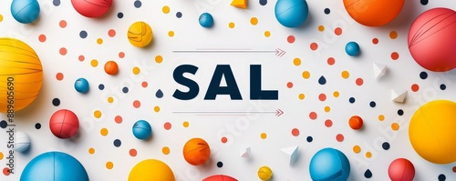 Vibrant abstract background with colorful spheres and dots surrounding the word SAL. Perfect for creative designs and advertising.