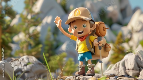 A cheerful animated hiker waves enthusiastically while equipped with a backpack and trekking pole in an outdoor setting, evoking a sense of joy and adventure in nature's beauty. © Damerfie