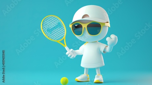 A character wearing white tennis attire and sunglasses stands confidently with a racket, with a vibrant turquoise background adding to the energetic and sporty feel of the image. photo