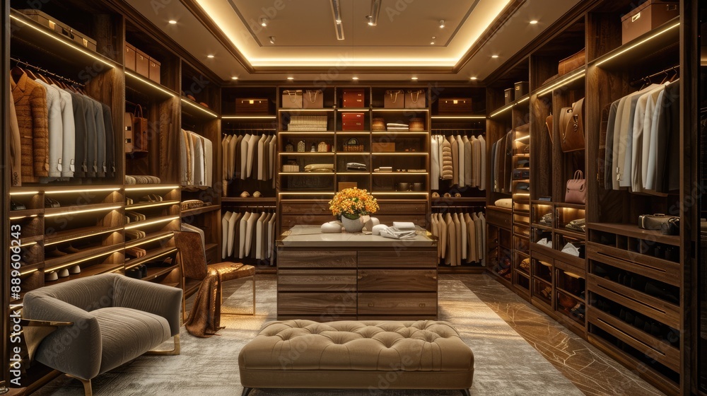 A luxurious walk-in closet with custom shelving, a central island with drawers, and a plush seating area, all elegantly illuminated. A luxurious walk-in closet with custom shelving, a central island with drawers, and a plush seating area, all elegantly illuminated.