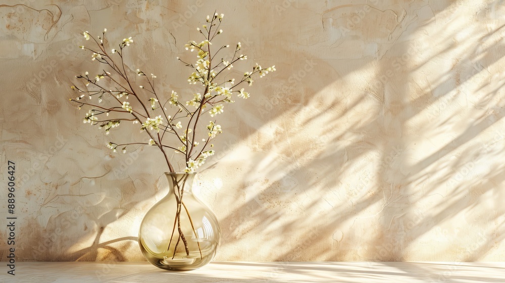 Interior background of room with beige stucco wall and glass vase with branch 3d rendering, Generative AI Interior background of room with beige stucco wall and glass vase with branch 3d rendering, Generative AI