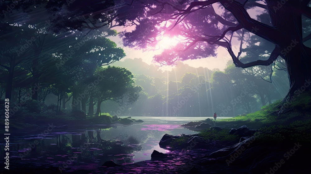 Enchanting Sunbeams Through Forest Canopy. Enchanting Sunbeams Through Forest Canopy.