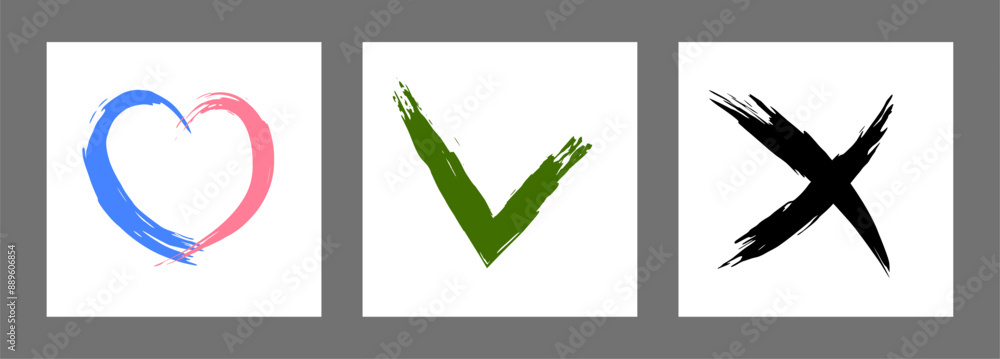 The cross, heart and OK symbol are hand-drawn with a brush. Prohibition, denial, error. Love. Approval, consent. Vector, set of 3 characters The cross, heart and OK symbol are hand-drawn with a brush. Prohibition, denial, error. Love. Approval, consent. Vector, set of 3 characters