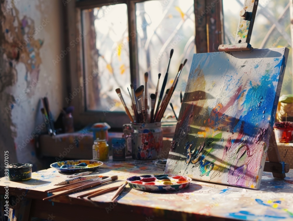 Close-up of a colorful art desk with paintbrushes, palette, and canvas, bathed in natural sunlight