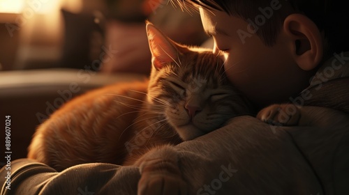 Heartwarming moment of a family adopting a cat, realistic, soft lighting, high detail, background of a cozy living room, touching and joyful photo