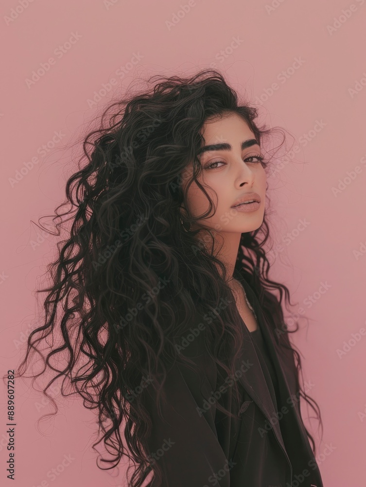 25 year old arab woman with gorgeous twisted curls, long hair coming down from shoulders, posing on pastel mono color solid background 25 year old arab woman with gorgeous twisted curls, long hair coming down from shoulders, posing on pastel mono color solid background